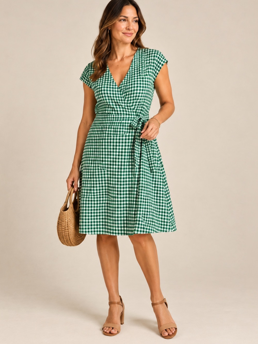 Banana Republic Gingham Plaid Woven Seersucker Wrap Mini Dress Green 4
